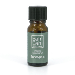 Organic Eucalyptus essential oil in a 10ml bottle. Eucalyptus oil has a fresh, camphor-like aroma and is known for its cleansing and purifying properties.