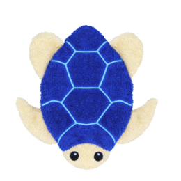 Large blue and white sea turtle washcloth with textured hexagonal pattern.