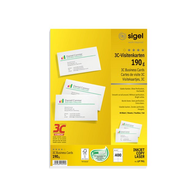 Visitekaart Sigel 85x55mm wit 190grs doos 40 vel 10 kaarten per vel FSC