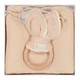 Soft, plush beige bib with a bunny-shaped teething ring. Ideal for keeping babies comfortable and entertained during mealtimes.