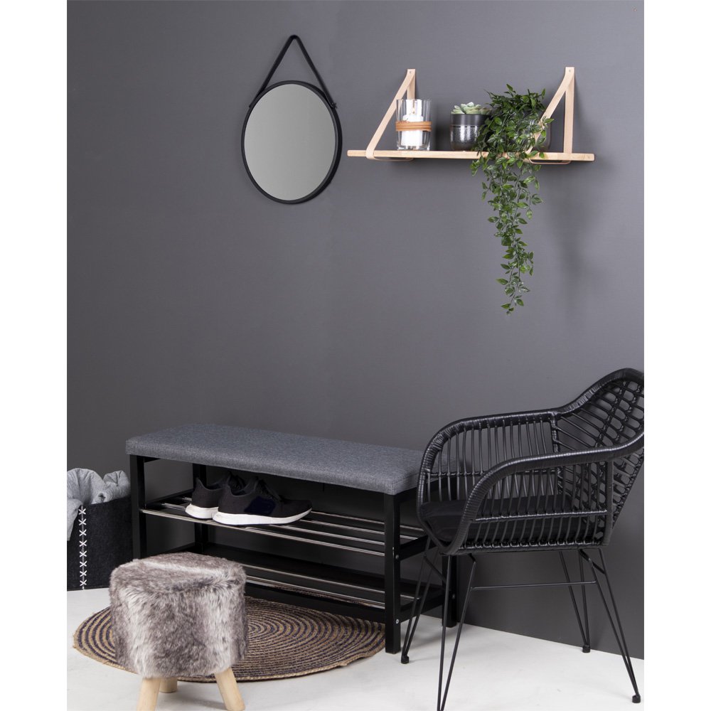 Trapani Mirror - Black, Steel, Artificial Leather, Ø38cm