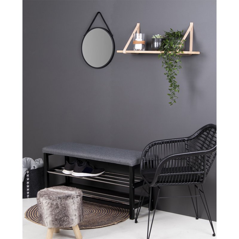 Trapani Mirror - Black, Steel, Artificial Leather, Ø38cm