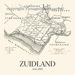 Vintage-style poster featuring a map of Zuidland, a region in the Netherlands. The poster showcases the region's geography and historical significance.