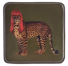 Decorative tray with leopard print design and red accents. Rectangular shape with raised edges. Suitable for storing small items or as a decorative accent piece.