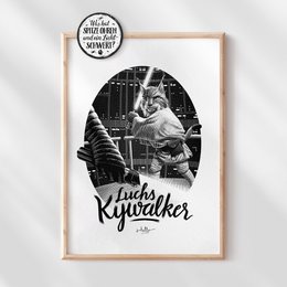 Black and white poster featuring a vintage illustration of a man working on a typewriter, with the text "Lucky Kywalker" below. The poster has a retro, nostalgic style.