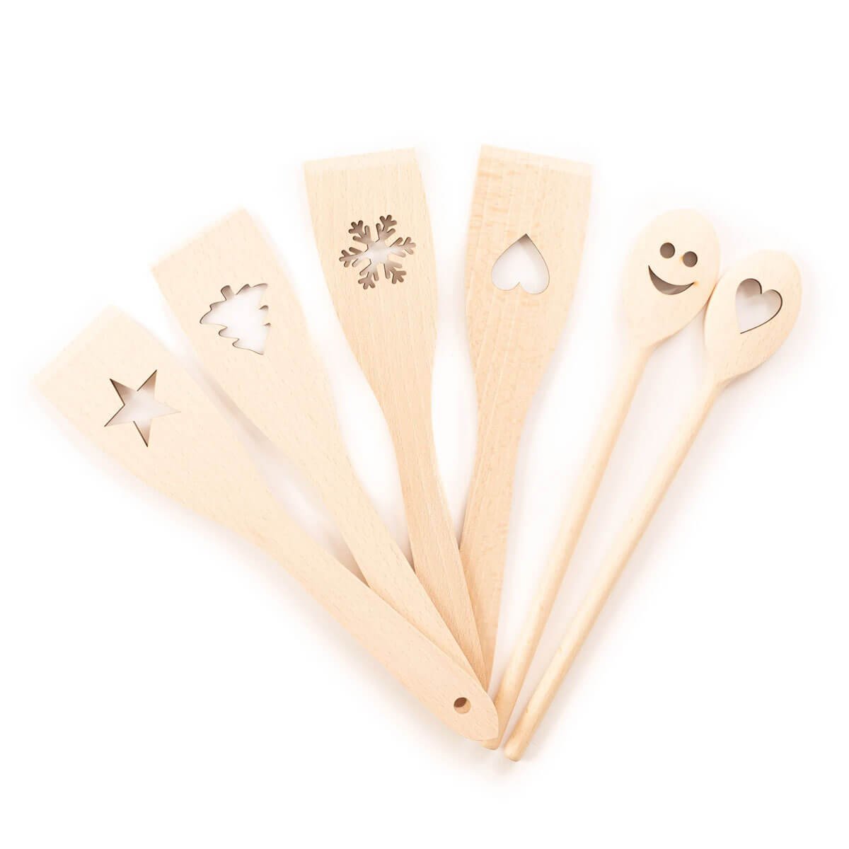 Ensemble d'ustensiles de cuisine en bois 6 pièces avec motif (cuillères de cuisine, spatules)