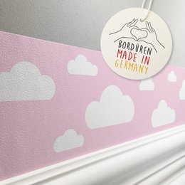 "Border 'Clouds' pink - Kids Room Wallpapers: A pink wallpaper with white cloud patterns, suitable for a child's room."

The image shows a pink wallpaper with white cloud patterns, which is suitable for a child's room. The product is described as a "Border 'Clouds' pink" and is categorized as "Kids Room Wallpapers". This description would be relevant for a semantic search, as it provides information about the color, pattern, and intended use of the product.