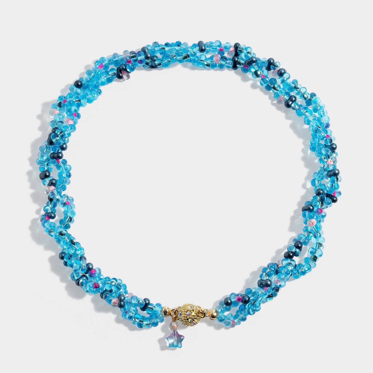 Blue czech crystal beaded necklace with gold plated frontal clasp 