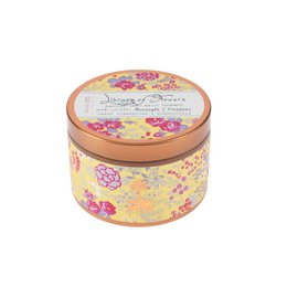  A round, floral-patterned candle tin with the text "Library of Flowers" and "Honeysuckle & Jasmine" printed on the label. The tin is made of metal and has a yellow, pink, and purple floral design.