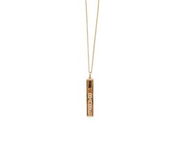 Gold-tone pendant necklace with a rectangular charm featuring the word "Slider" in a cursive font and small rhinestone accents.