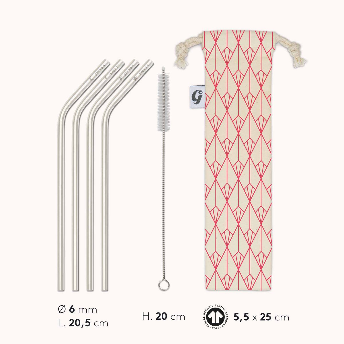 Set of 4 gaspajoe stainless steel angled straws with brush in organic cotton pouch