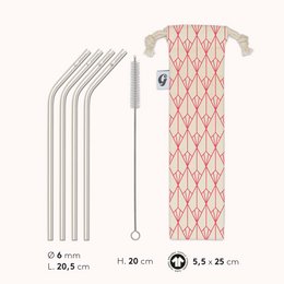 Set of 4 stainless steel angled straws with brush in organic cotton pouch. Reusable, durable, and eco-friendly straws for beverages.