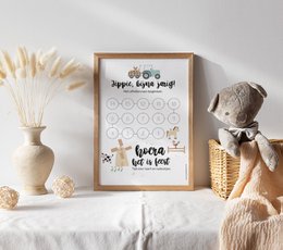  Countdown calendar with farm-themed design, featuring a tractor, animals, and text "Hippie, Hippie Yay!" and "Hooray, you're a year!". Ideal for kids' room decor and birthday celebrations.