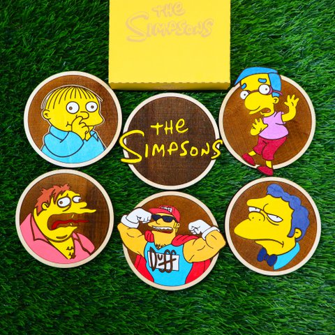 Set aus 6 bunten Simpsons-Untersetzern aus Holz, Logo, Ralph, Milhouse, Barney, Duffman, Moe, einzigartiges Geschenk, Geek Home Decor, Einweihungsparty