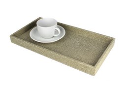 Rectangular green synthetic leather cosmetic tray with a white cup and saucer.