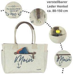 Sunsa Damen große Handtasche. XXL Tasche aus Canvas und Leder. Strandtasche/Weekender in Maritim-Motiv.