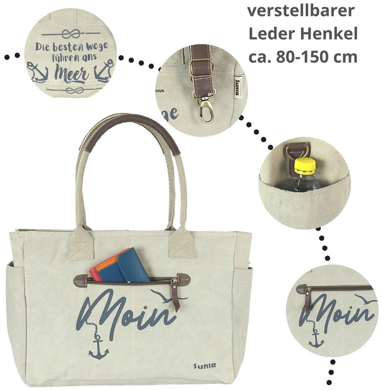Sunsa grote dameshandtas. XXL tas gemaakt van canvas en leer. Strandtas/weekendtas in maritiem motief.
