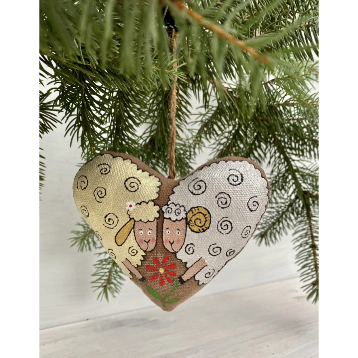 Textile ornament Vanilla and cocoa scented "Coffee heart with sheep"