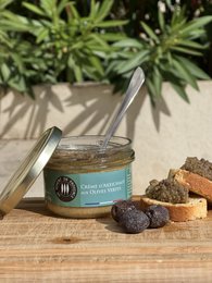 Artichoke cream with green olives, 90g. A savory spread made with artichoke and green olives, perfect for sandwiches, crackers, or as a dip.