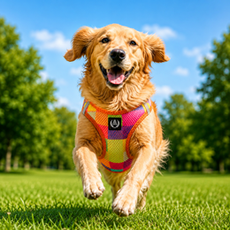 Colorful mesh dog harness, breathable air mesh, rainbow patchwork design, red orange yellow blue green, adjustable pet harness.