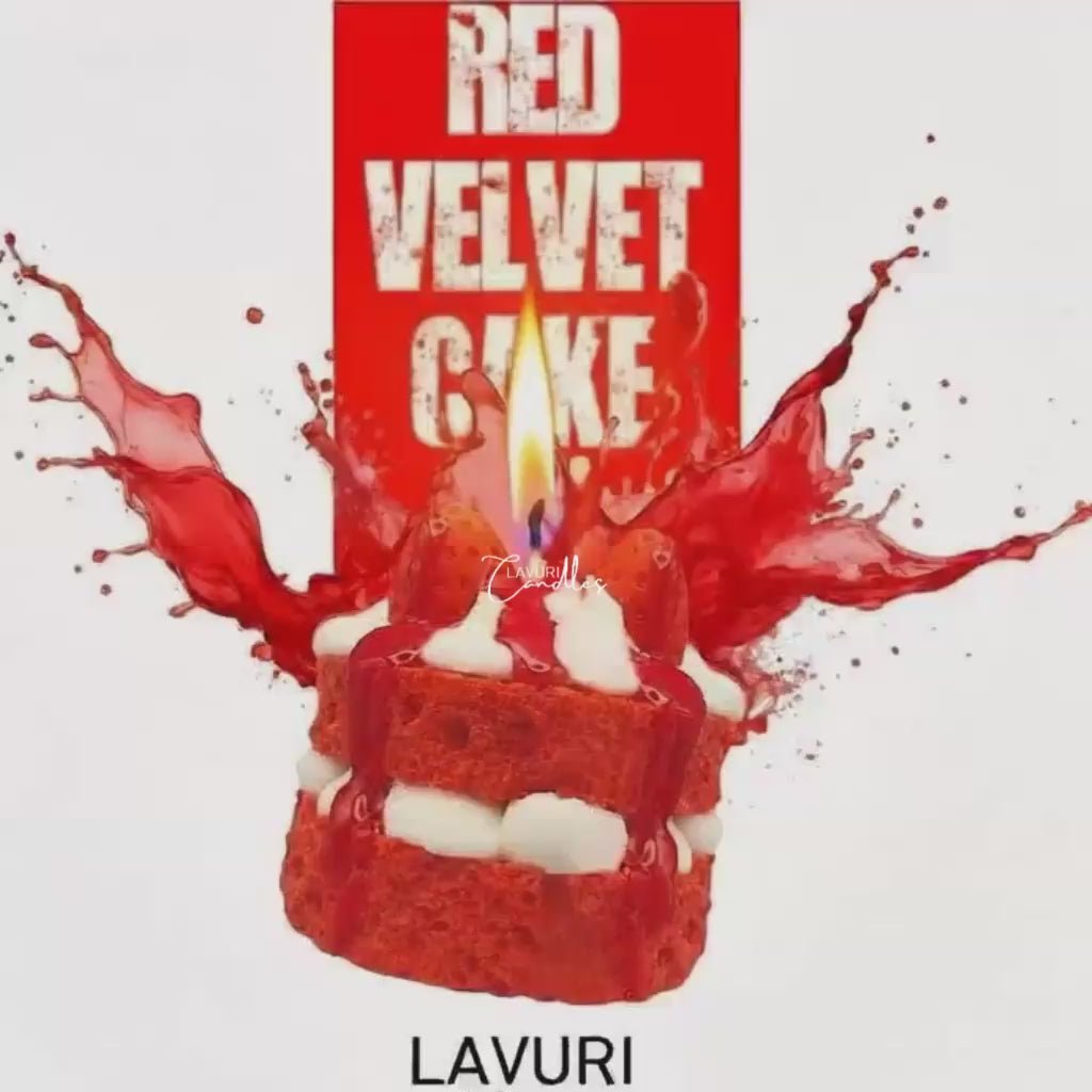 LAVURI® RED Velvet Strawberry cake with whipped cream and fruit as a topping on a red, fluffy cake base – a gourmet dessert candle made from 100% soy wax