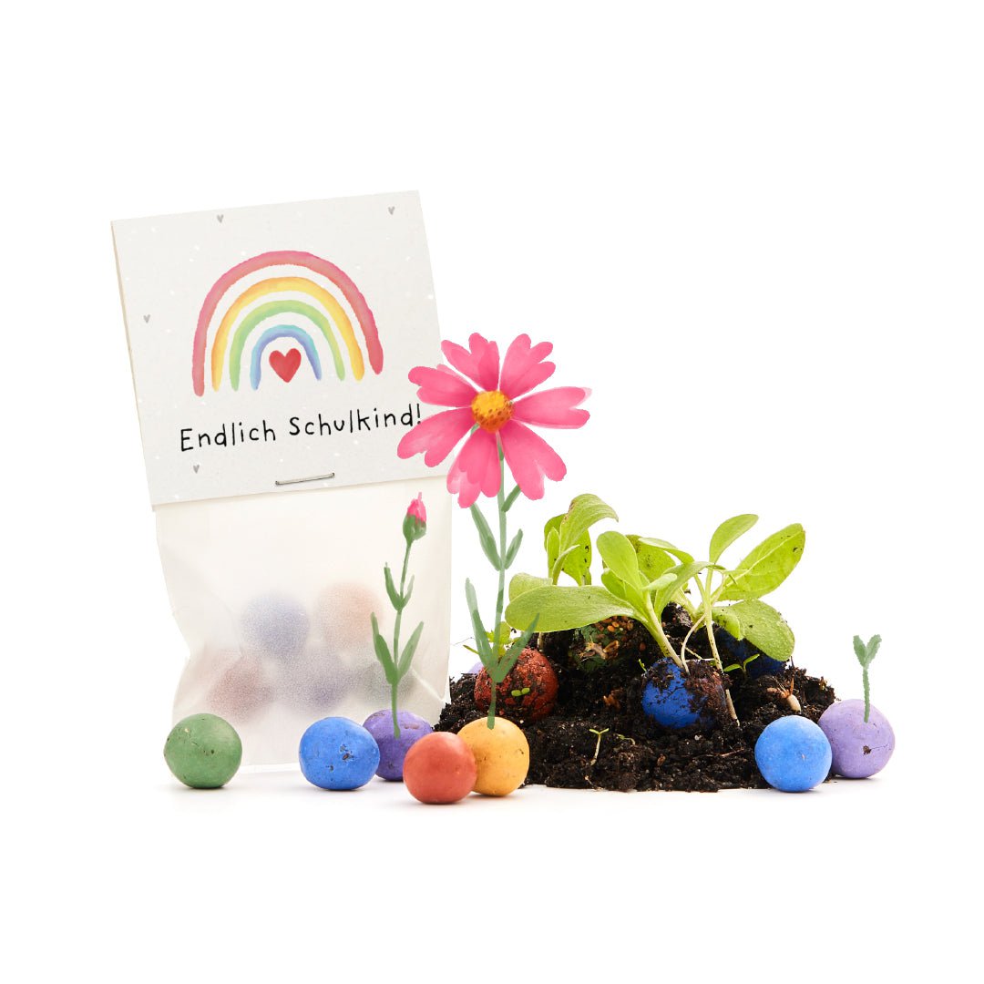5er Blumenmurmeln im Pergaminbeutel - "Endlich Schulkind" -Einschulung