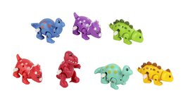 Colorful wind-up dinosaur toys with various shapes and styles, including round, tall, and short designs in different colors like blue, purple, green, red, and yellow.