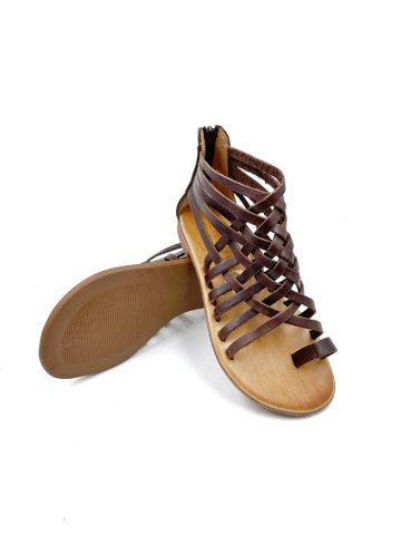 Bruin lederen sandalen Gladiator voor dames, Griekse lederen gladiator sandalen, platte damessandalen van echt leer, sandalen met ronde neus
