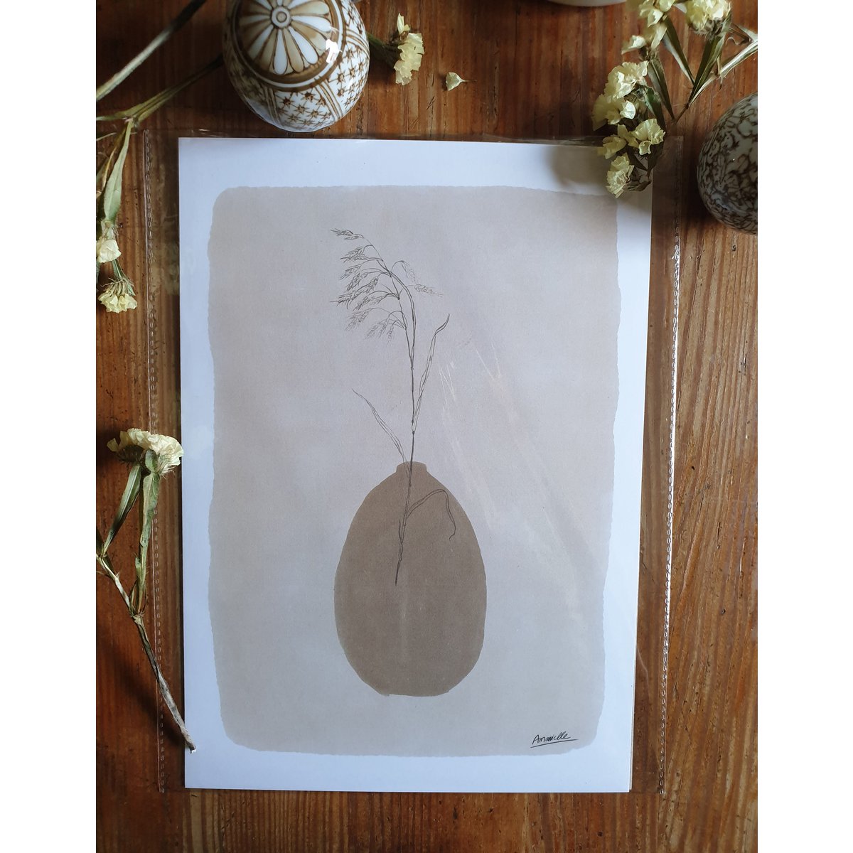 Scandi Gräser Poster "Grasses Brown Vase" A4 - Nachhaltige Kunstdrucke auf Recyclingpapier in Zellophan