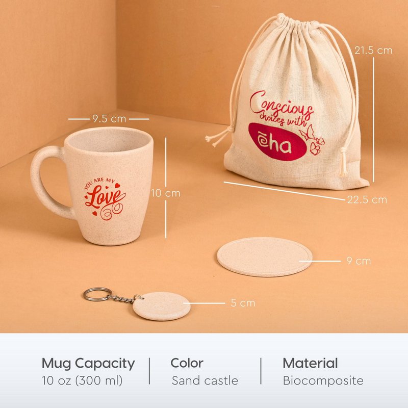 Ecofy Earth-Friendly Love You-krus til kaffe | Par gaver | Jubilæumsgave til par Special | Sæt med 1 | 300 ml | Kaffekrus | Lavet med risskaller| Sand Castle TUV Certificeret