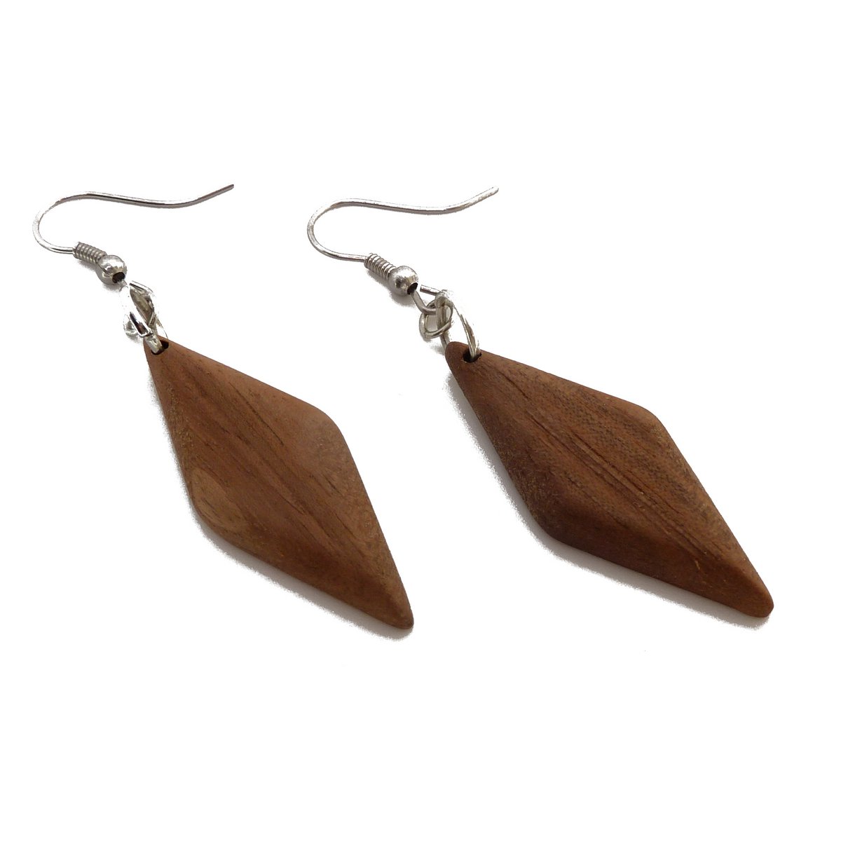 Hanging earrings in the shape of a diamond made of elegant dark walnut wood, very light, matt oiled surface, stainless steel earrings gold-plated or silver
