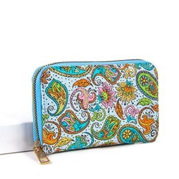 Colorful paisley-patterned wallet with zipper closure, made of durable material, suitable for carrying coins, cards, and cash.