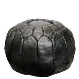 RUNDER BODENPOUF AUS ECHTEM SCHWARZEM LEDER – Marokkanischer Pouf
