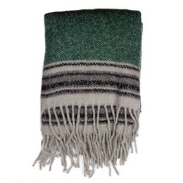 Soft, cozy mohair-finish acrylic blanket in a deep green color with gray striped pattern and fringe trim. Ideal for use as a throw or lightweight cover.