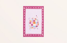 Colorful birthday card with various illustrated icons and symbols, including palm trees, seashells, and other beach-themed elements.