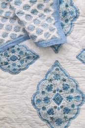 Bedspread with intricate blue and white floral pattern, suitable for a double bed. Includes details on materials, style, and shape.
The bedspread features an intricate blue and white floral pattern with a diamond-shaped design. The material appears to be a soft, woven fabric, likely cotton or a cotton blend. The style is traditional and ornate, with a classic, timeless appeal. The shape is rectangular, suitable for a double bed.
