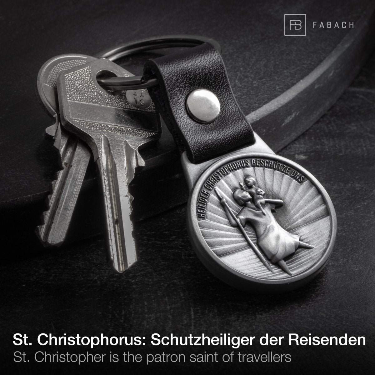 "Christophorus" patroonheilige van de reizigers sleutelhanger - Sint-Christoffel amulet - Bon Voyage plaquette op een leren band