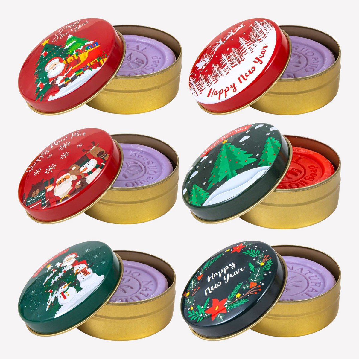 Jabón de aceite de oliva natural en una lata de metal festivo - 6 set - Motivos navideños - Mezcla de fragancias