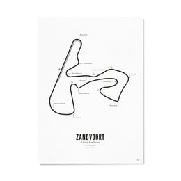 Poster featuring the Circuit Zandvoort race track layout in a minimalist, black and white design. Available in multiple sizes.