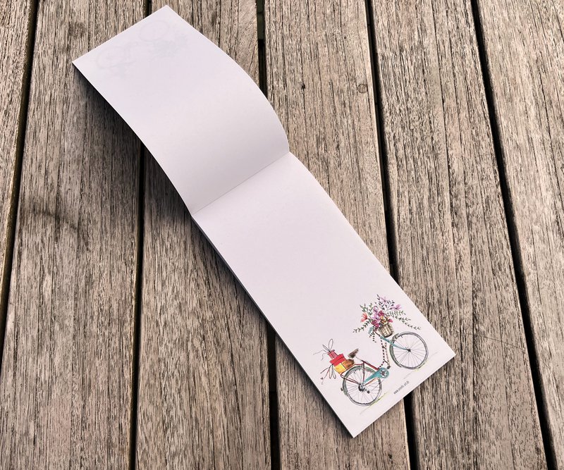 Writing block | Beautiful bike with flowers DIN format (long) 99 x 210 mm | Blank white