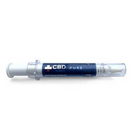 A water-soluble CBD supplement in a syringe-style container. The product is labeled as "CBDactive+ PURE" and is described as 100% organic, fast-acting, and full plant and full spectrum.