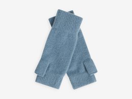 Denim blue fingerless gloves with a ribbed knit texture.