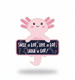Pink axolotl kawaii character pin badge with smile slogan text design cute plush toy.
