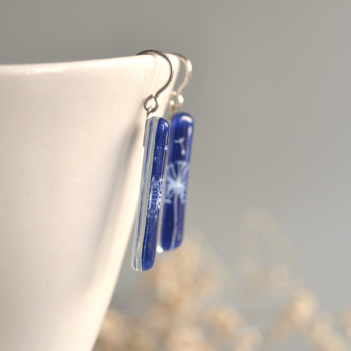 Dandelion earrings in cobalt blue, Long dangle bar, Glass and sterling silver