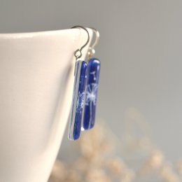 Dandelion earrings in cobalt blue, Long dangle bar, Glass and sterling silver