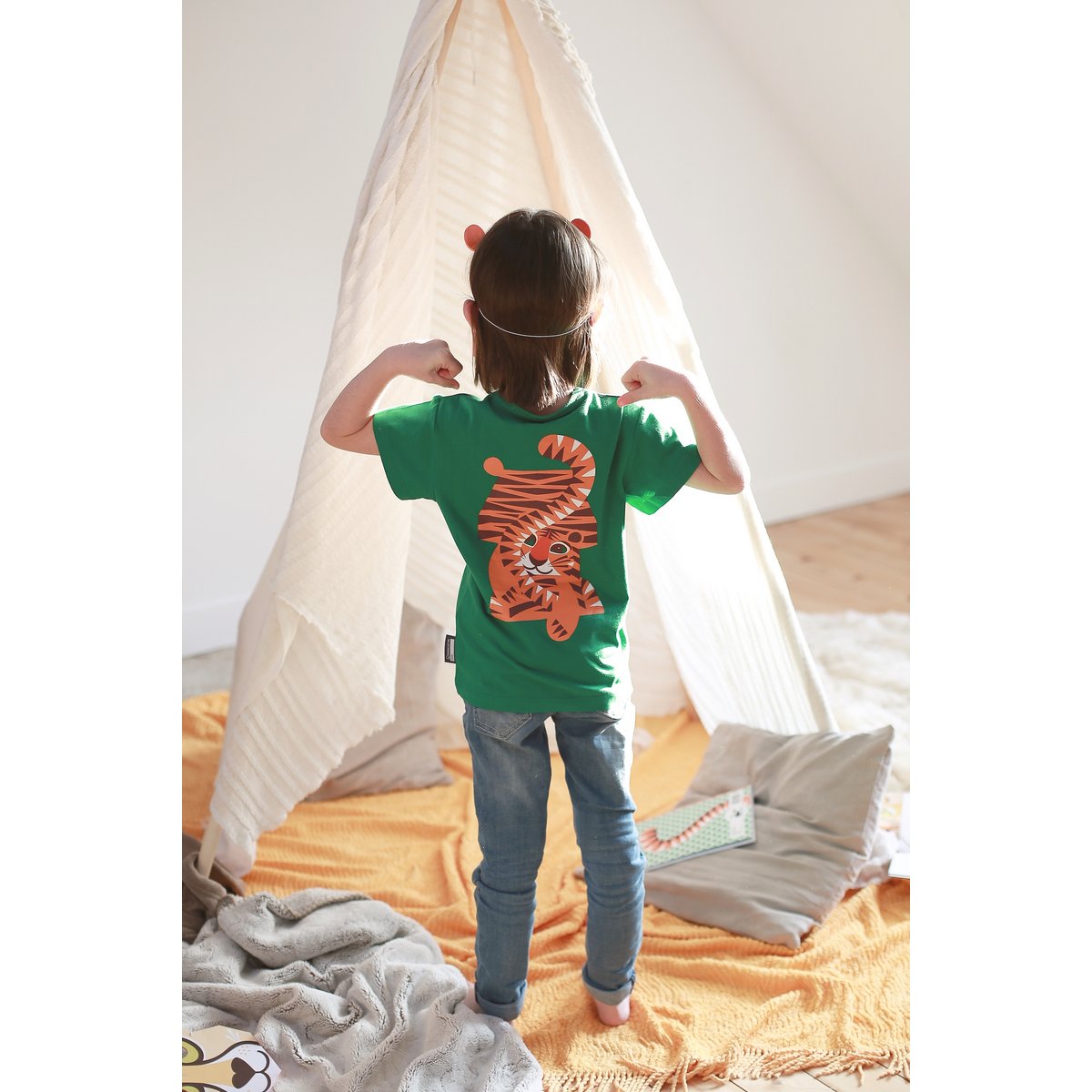 Children's short-sleeved T-shirt, organic cotton, green, Tiger