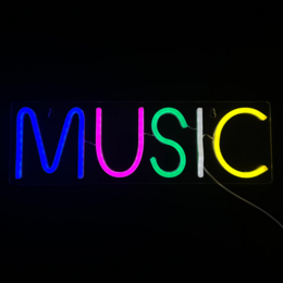 Neon lamp with "MUSIC" text in colorful neon lights, suitable for wall decor in a music-themed room or studio.