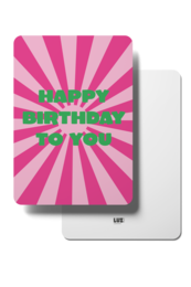 A vibrant pink and green birthday card with the text "Happy Birthday" in a bold, stylized font against a sunburst background.