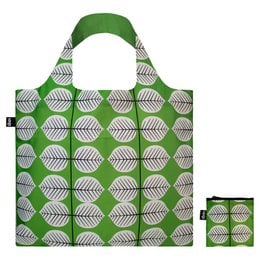Green recycled shopping bag with geometric leaf pattern, foldable tote, sustainable material, large capacity reusable bag.
