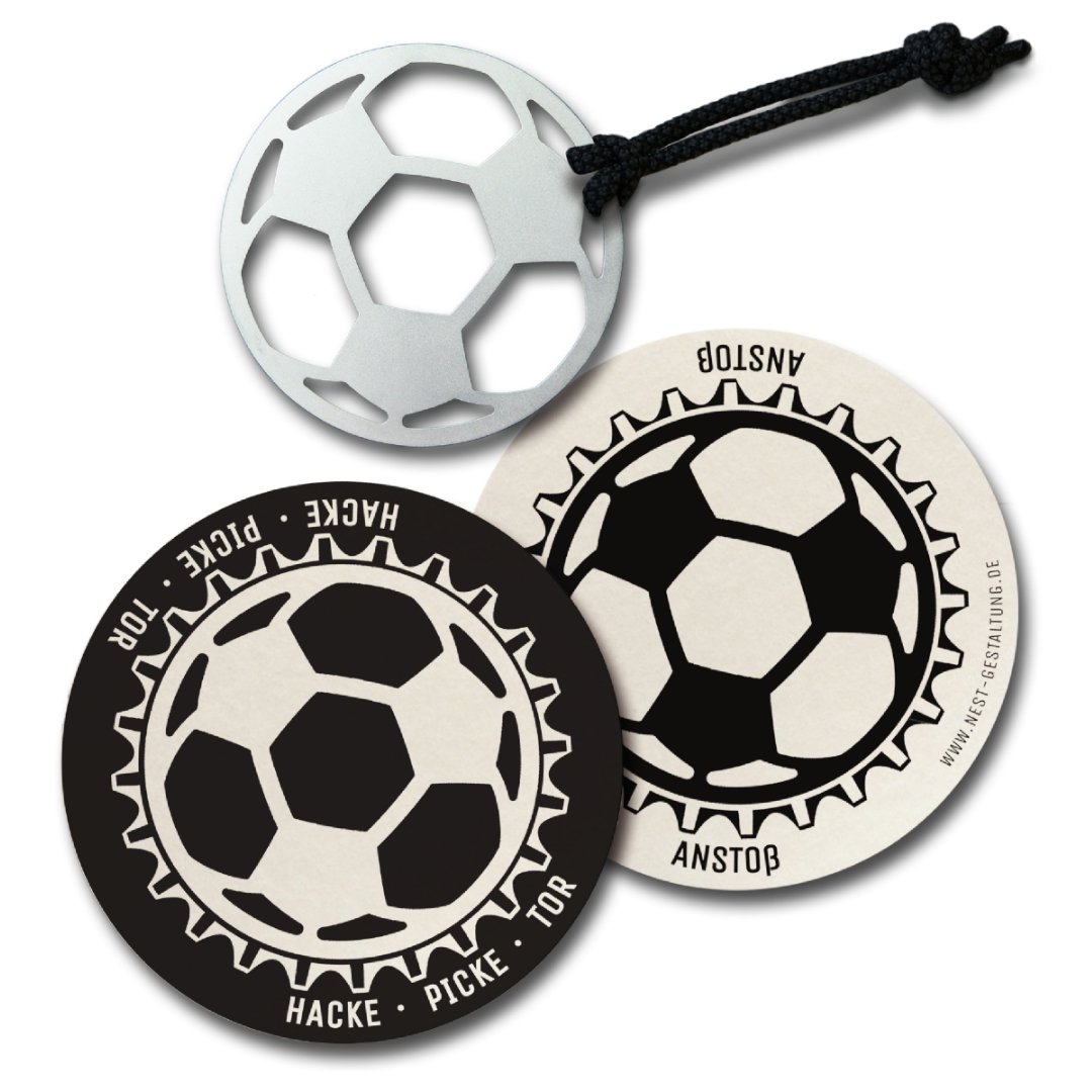 Bottle opener made of stainless steel · motif soccer · with cotton cord + 2 beer mats